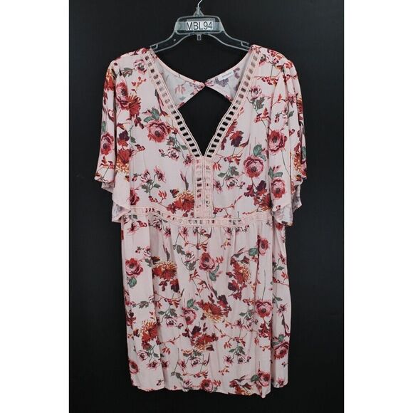 EYESHADOW FLORAL PRINT PINK DRESS WOMENS PLUS SIZE 3X KEYHOLE BACK - Picture 1 of 8